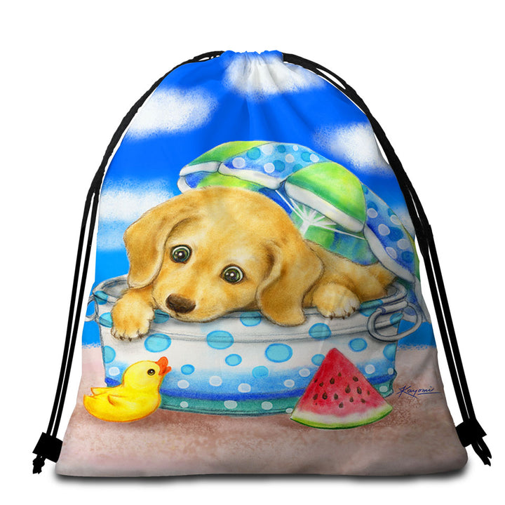 Kids Beach Towel Bags Animal Dogs Art Cute Dachshund at the Beach