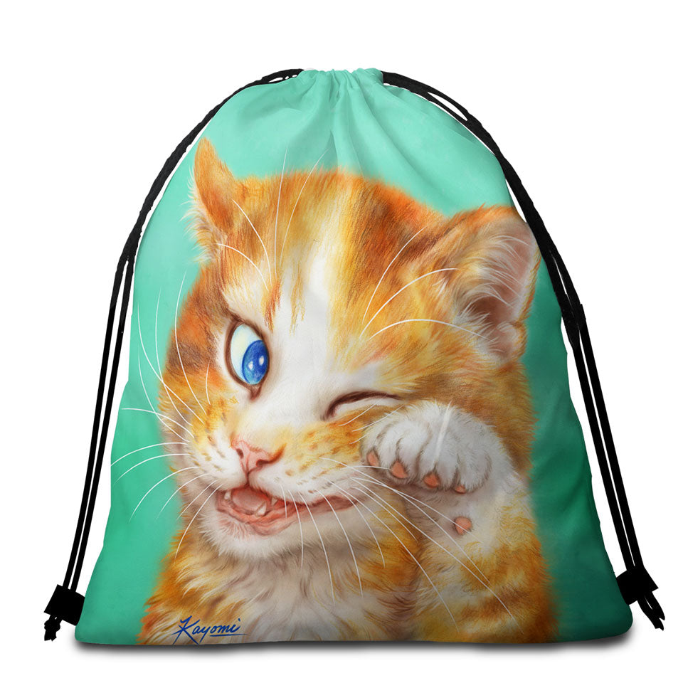 Kids Beach Towel Bags Paintings of Cute Ginger Cat over Green