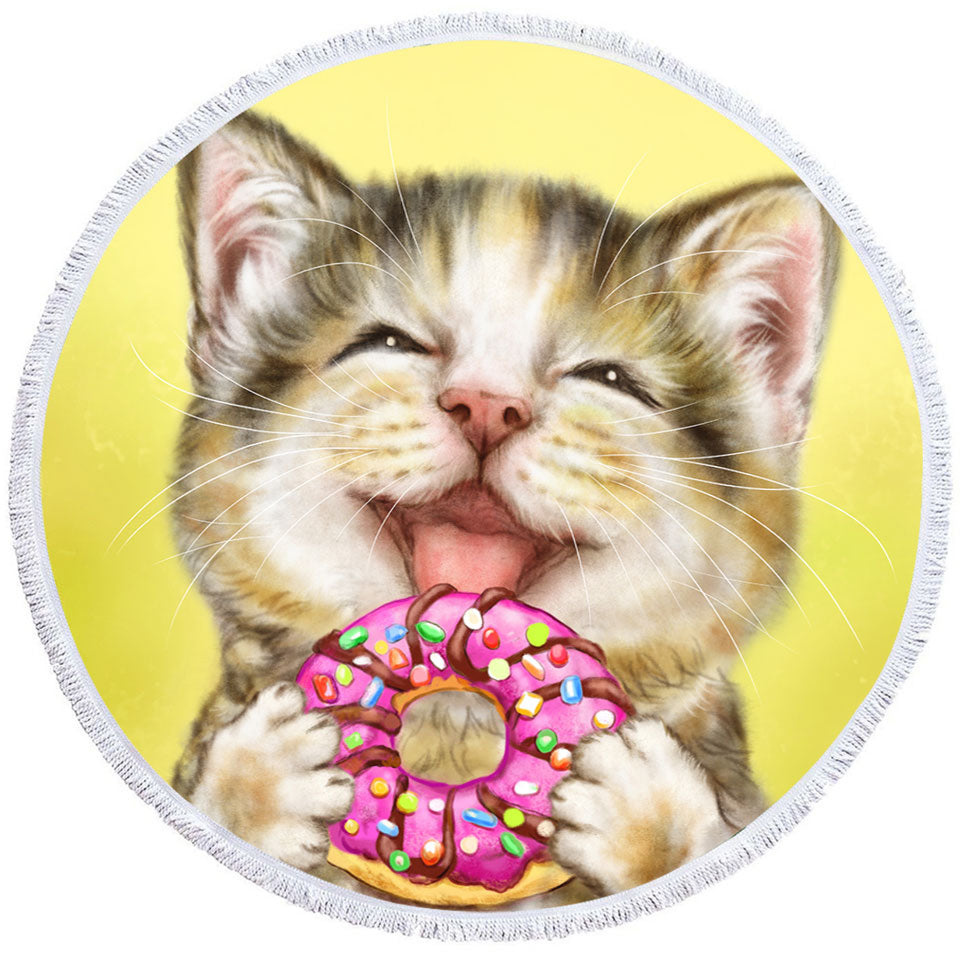 Kids Beach Towels Funny Cats Happy Tabby Kitten Eating Doughnut