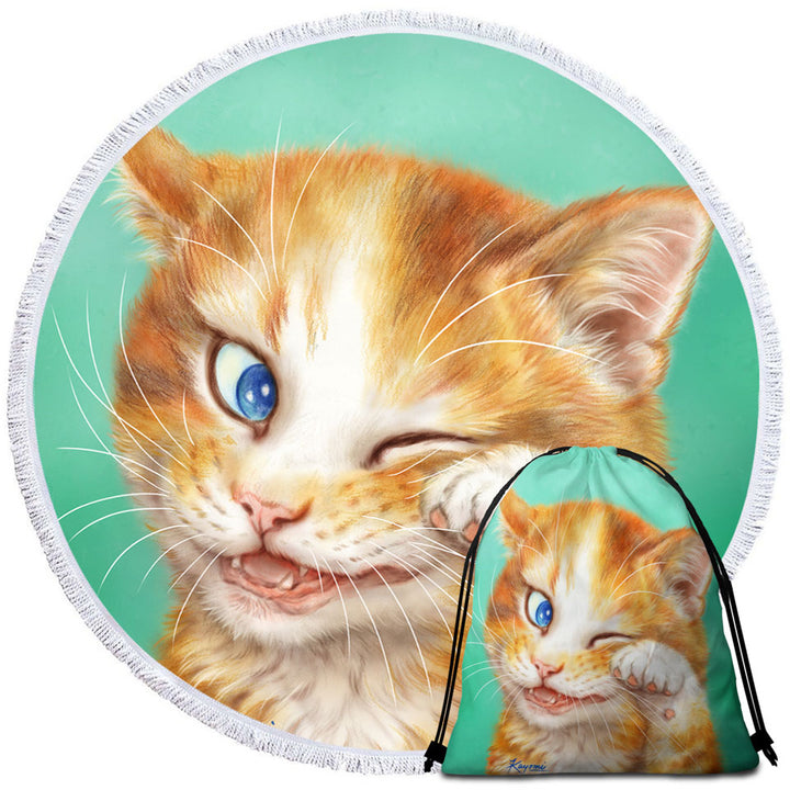 Kids Beach Towels Paintings of Cute Ginger Cat over Green