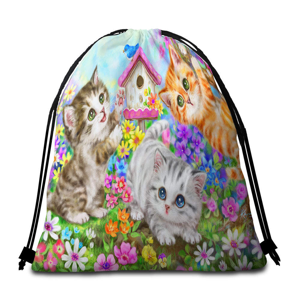 Kids Cool beach towels Designs Cute Bird House and Cats Kittens