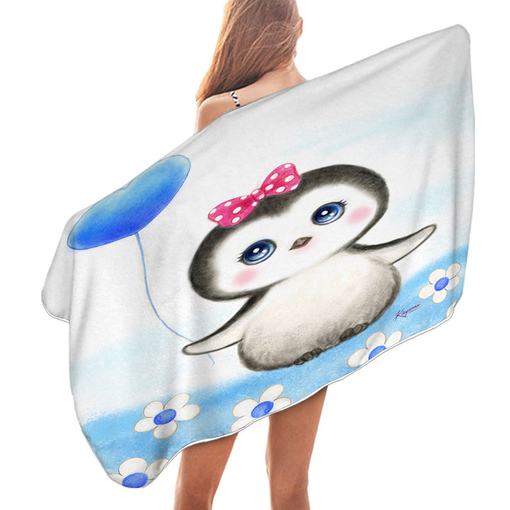 Kids Microfibre Beach Towels Drawing Design Penguin Heart Balloon