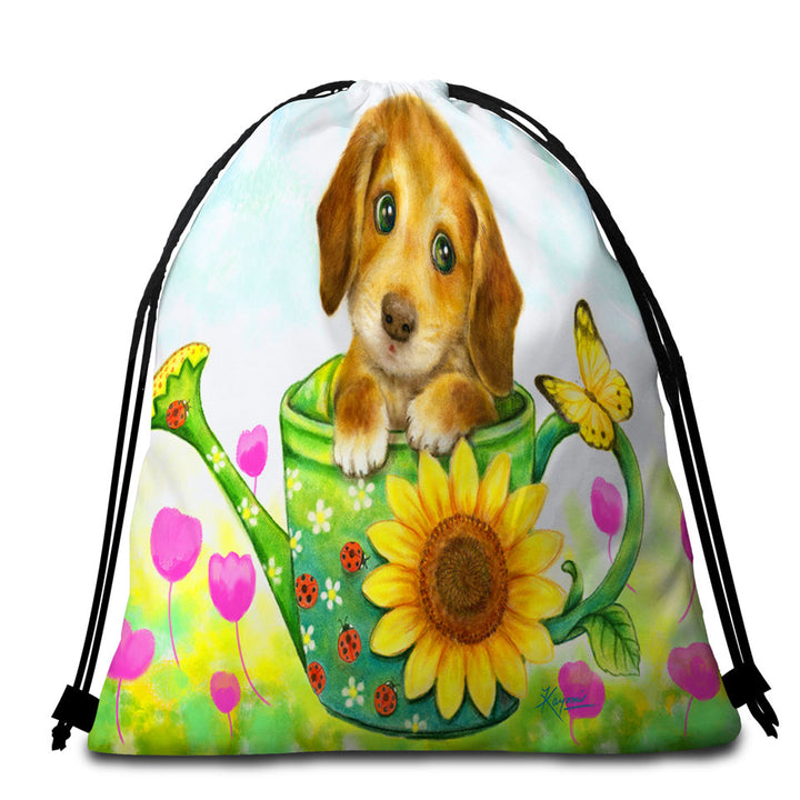 Kids Packable Beach Towel Animal Dogs Art Cute Dachshund in Garden