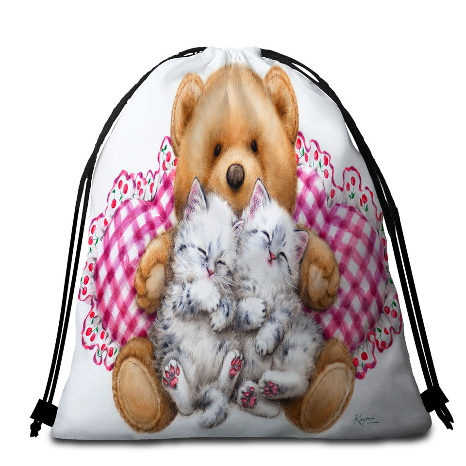 Kids Packable Beach Towel Design Cute Teddy Bear Dream Kittens