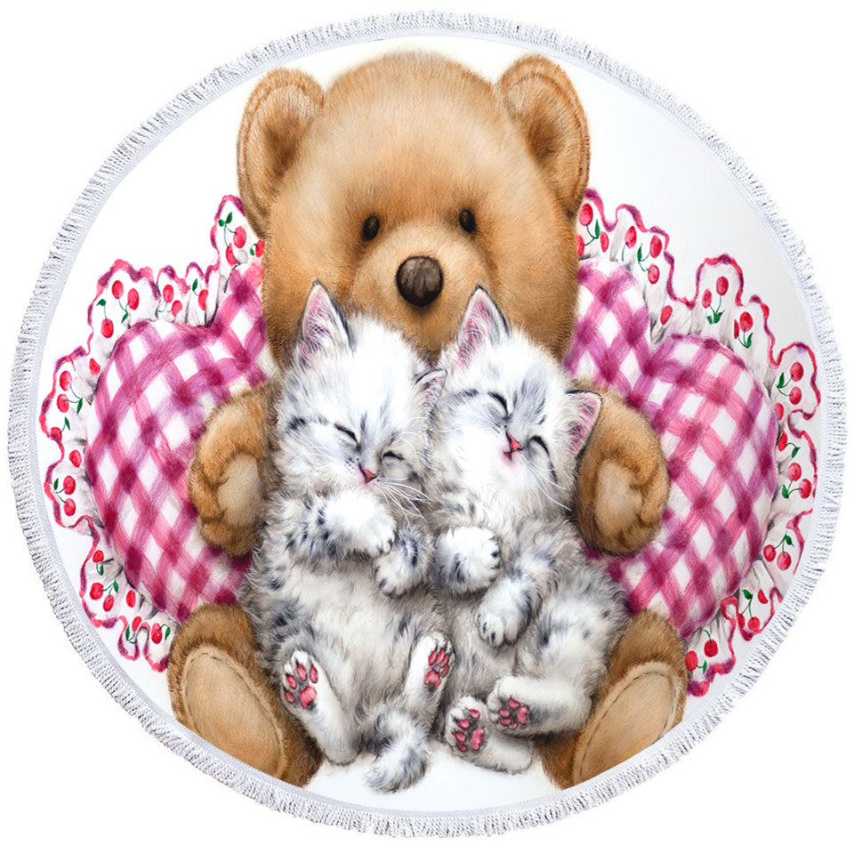 Kids Round Beach Towel Design Cute Teddy Bear Dream Kittens