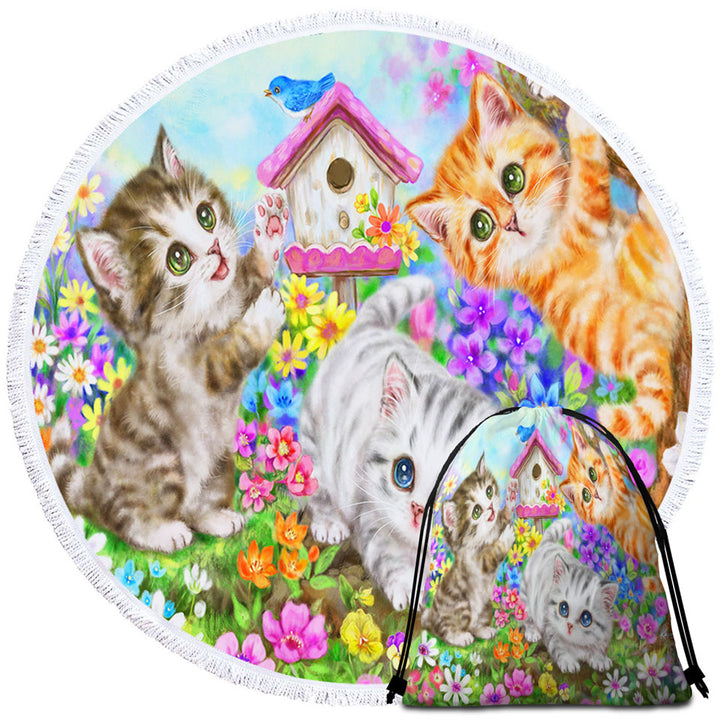 Kids Unique Beach Towel Designs Cute Bird House and Cats Kittens