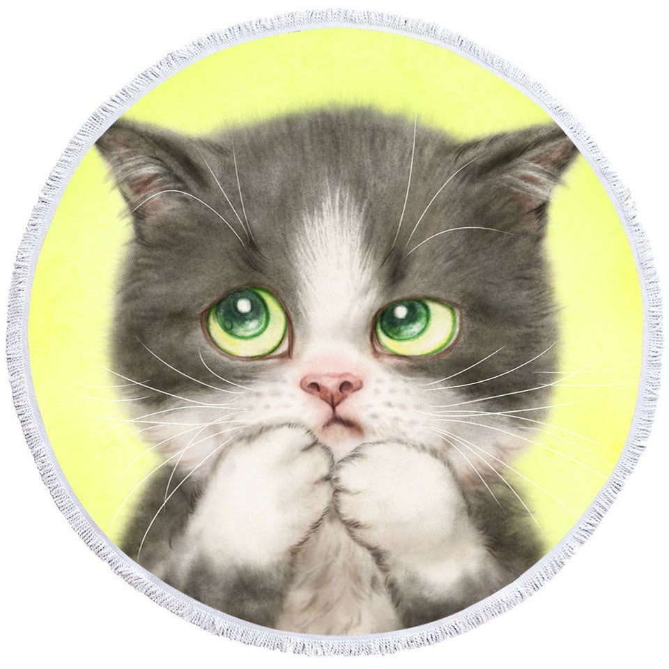 Kittens Art Paintings Cute Little Grey Kitty Cat Round Beach Towel