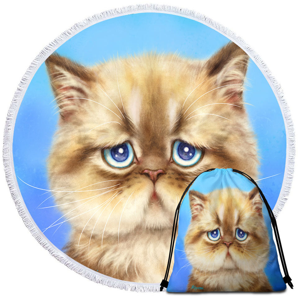 Kittens Cute Drawings Brown Sad Cat over Blue Big Beach Towels and Beach Bags