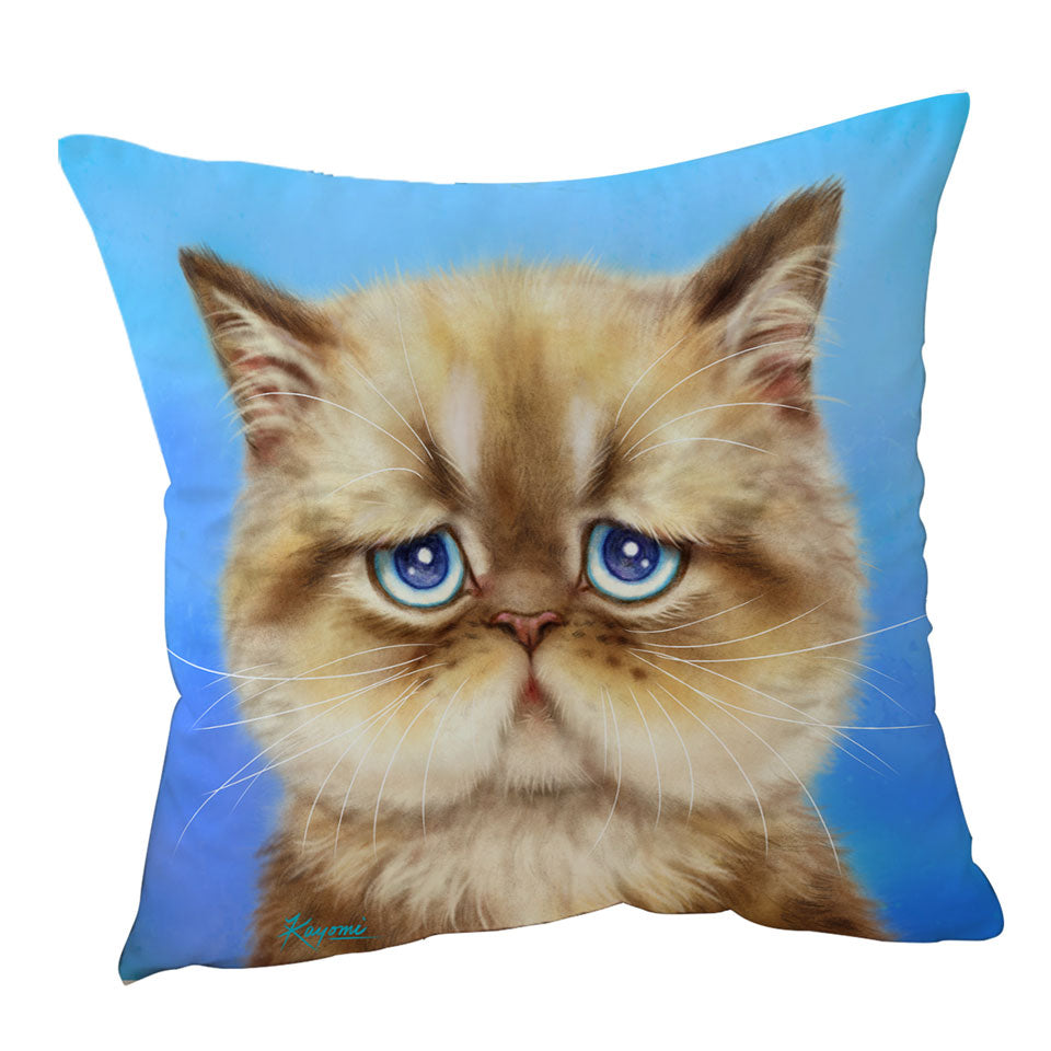 Kittens Cute Drawings Brown Sad Cat over Blue Cushion