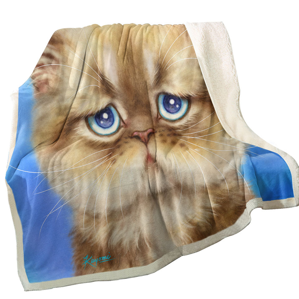 Kittens Cute Drawings Brown Sad Cat over Blue Fleece Blanket