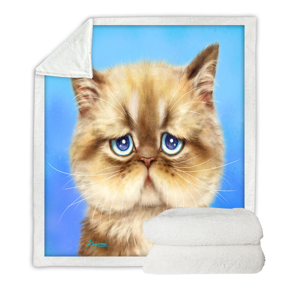 Kittens Cute Drawings Brown Sad Cat over Blue Sherpa Blanket