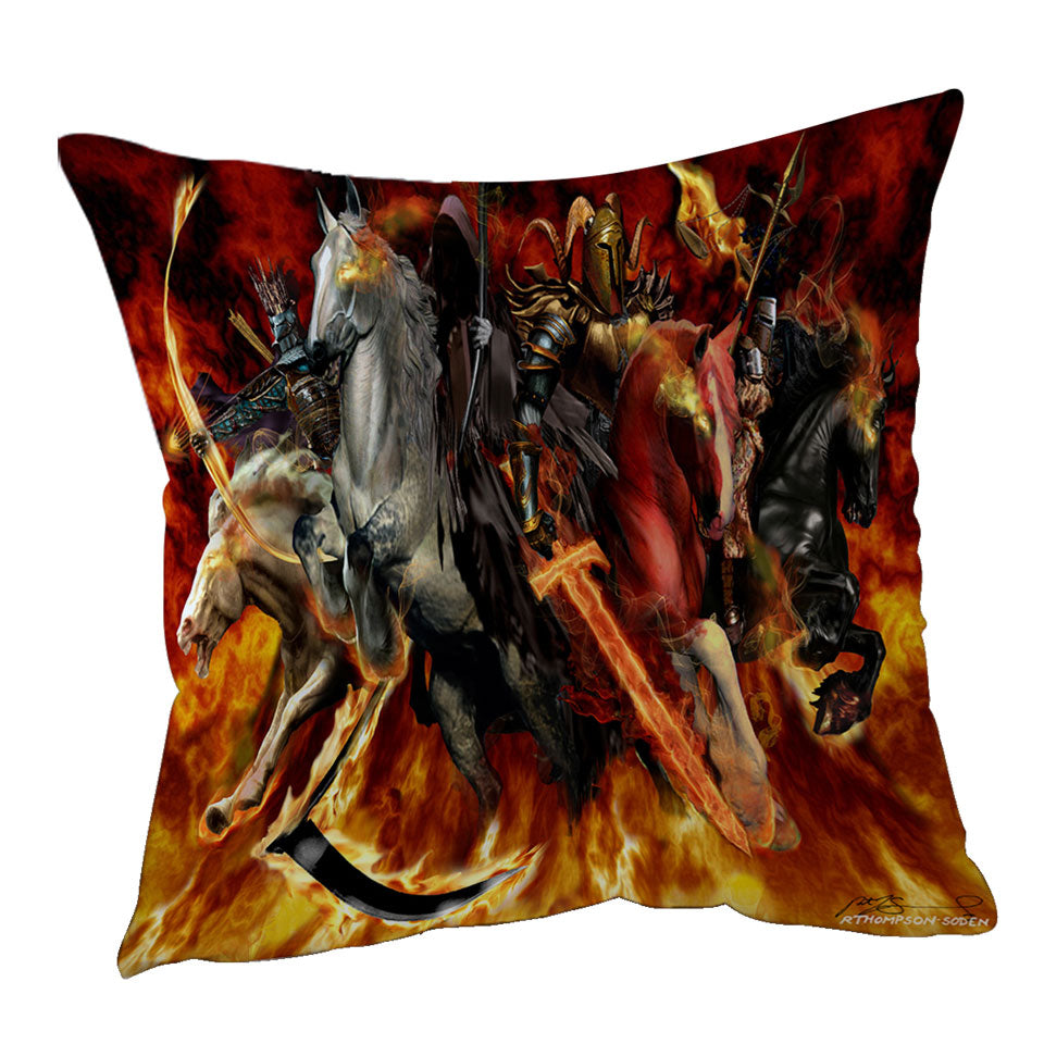 Knights Throw Pillows and Cushions on Fire the Four Horsemen