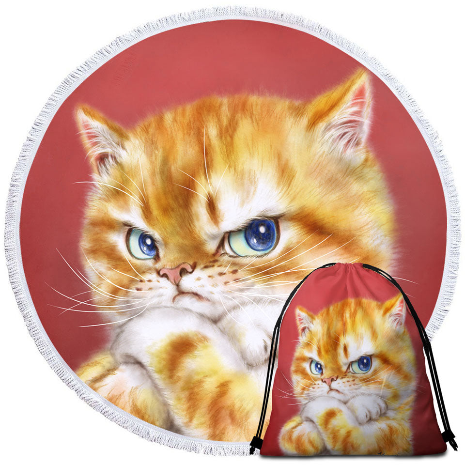 Lightweight Beach Towel with Funny Cats Drawings Angry Cute Ginger Kitty