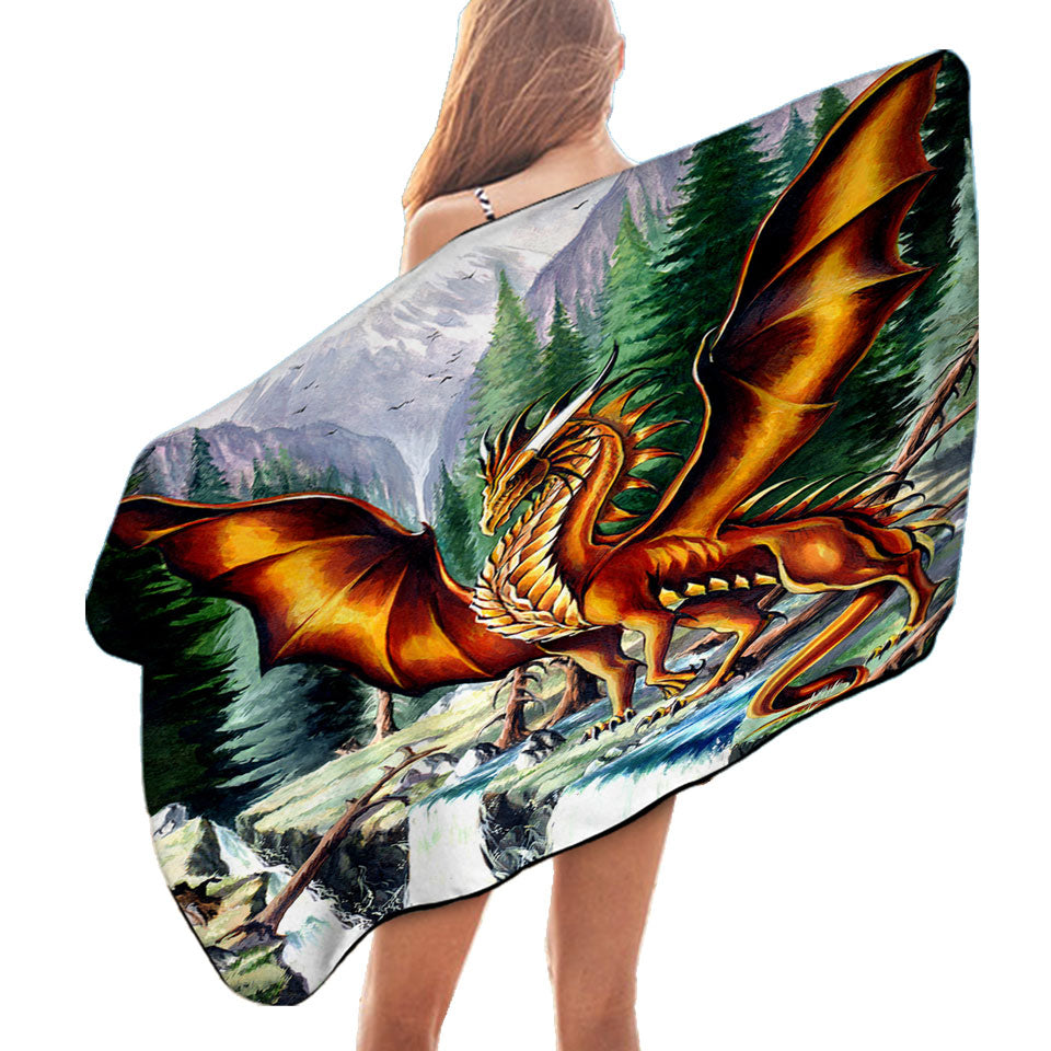 Lightweight Beach Towel with Nature Mountain Waterfall Forest Solaris Dragon