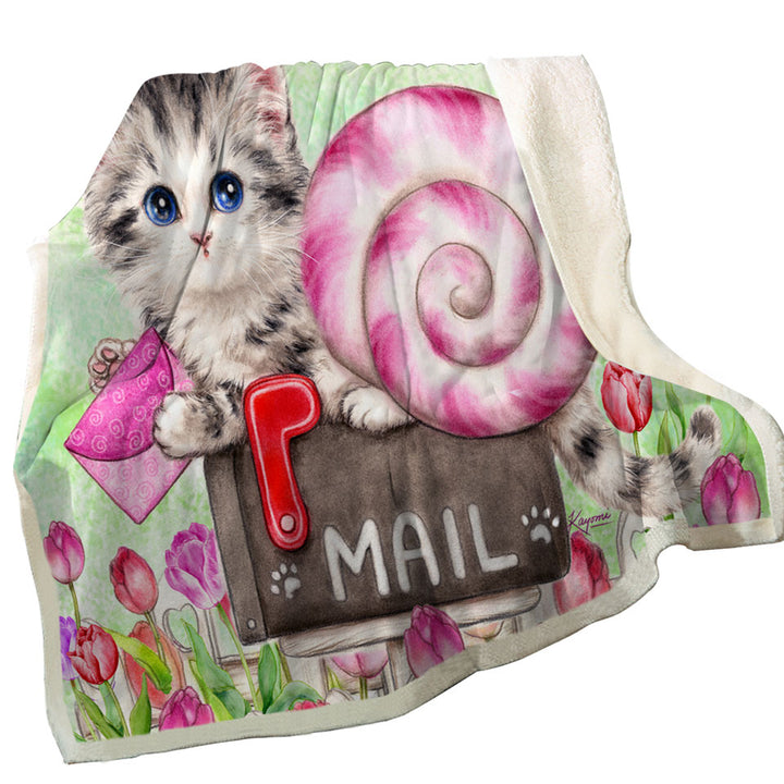 Lovely Art Drawings Snail Kitten and Tulips Throws