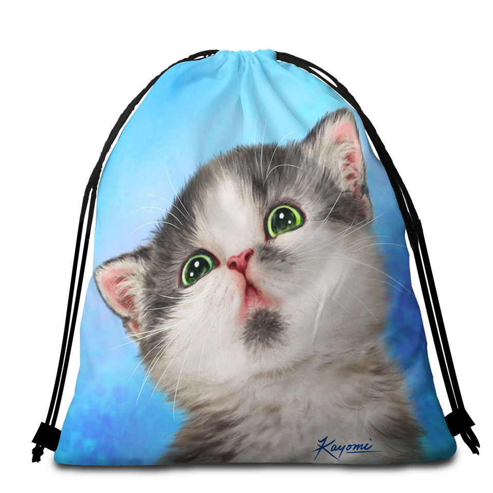 Lovely Beach Bag for Towel Grey White Kitten for Children