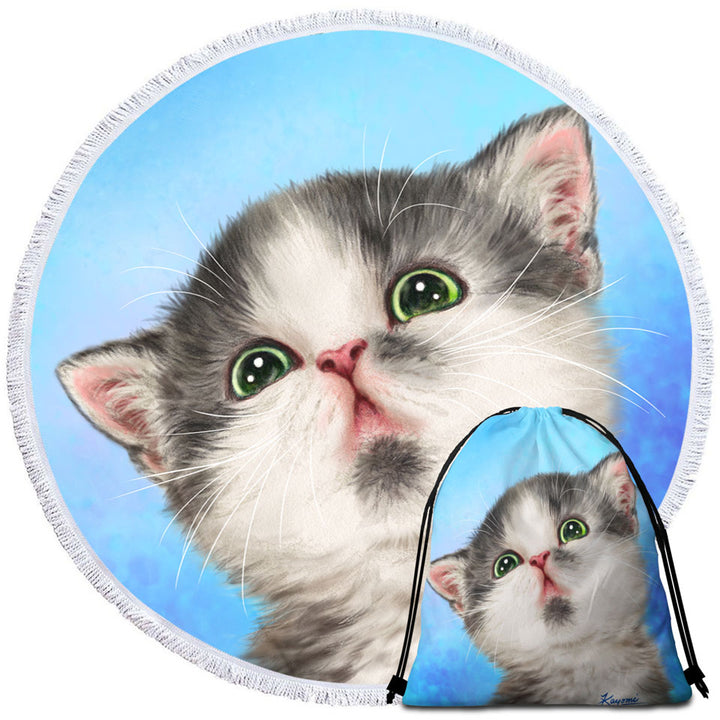 Lovely Circle Beach Towel and Bag Grey White Kitten for Children