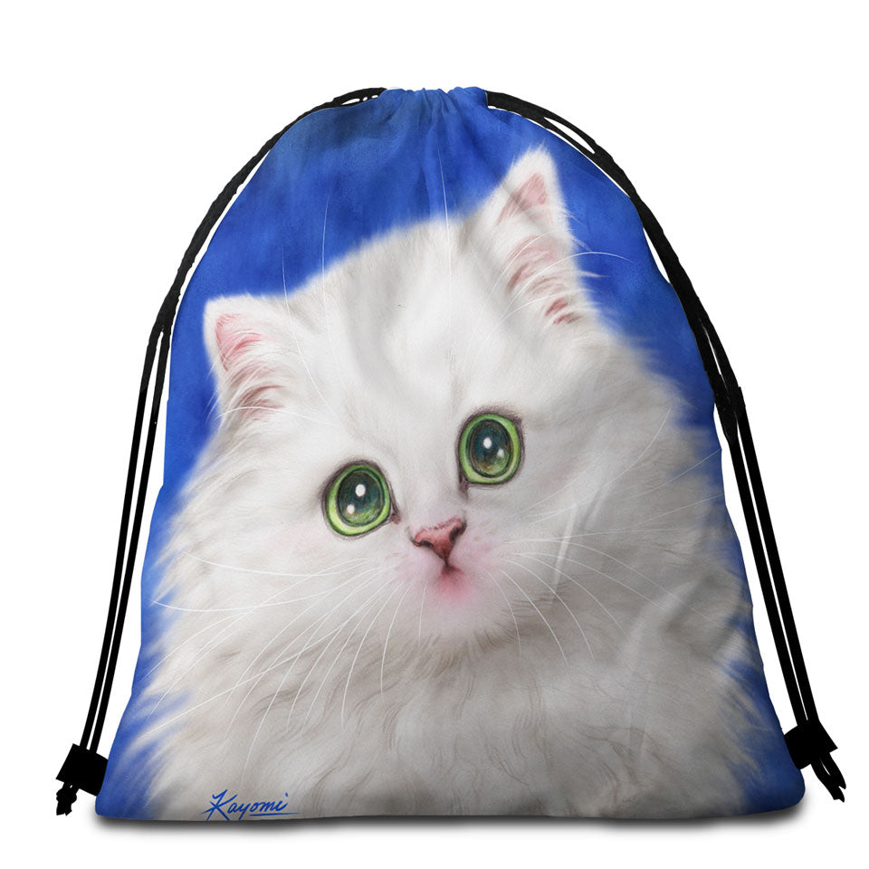 Lovely Packable Beach Towel Innocent Face White Fluffy Kitty Cat