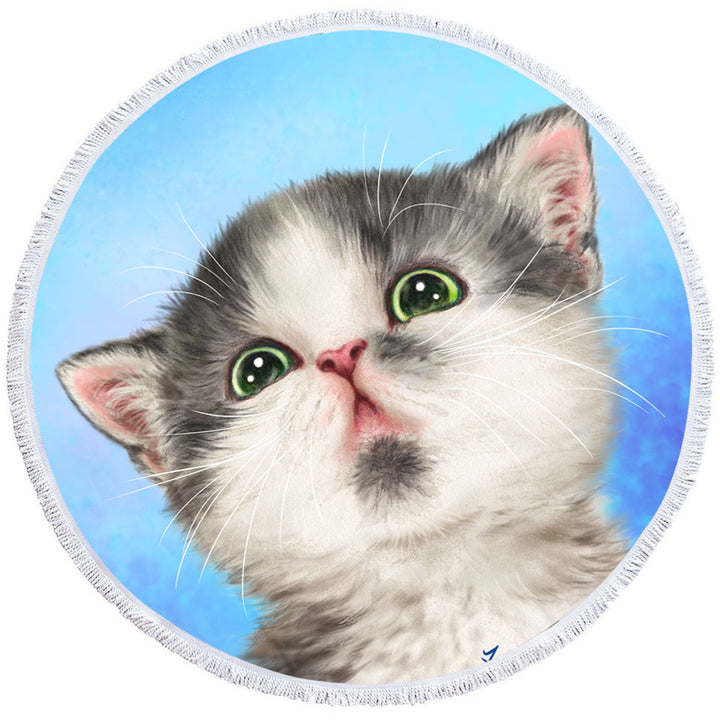 Lovely Round Towel Grey White Kitten for Children