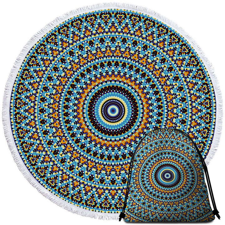 Mandala Round Beach Towel Blue Black Orange