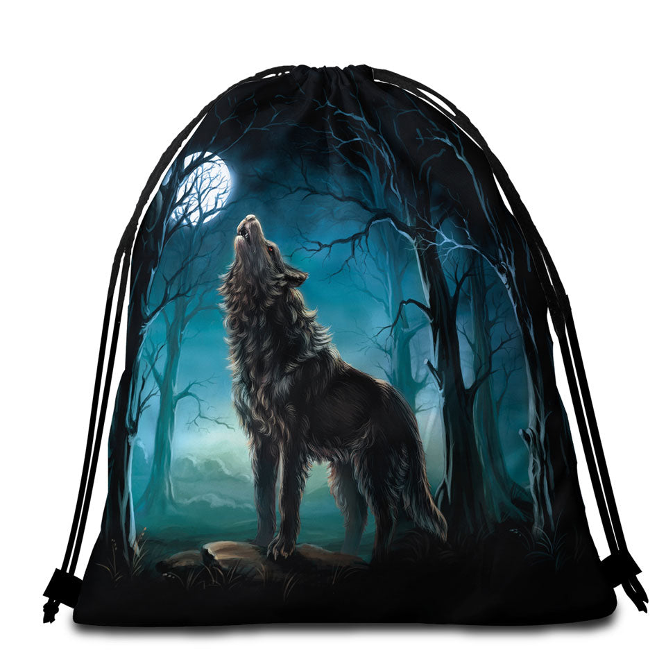 Mens Beach Towel Bags A Wolf Howls at a Moon