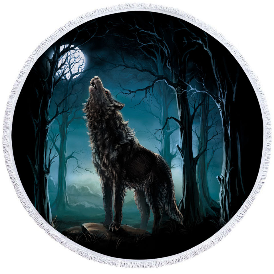 Mens Round Beach Towel A Wolf Howls at a Moon