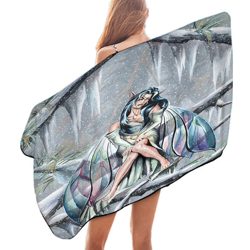 Midwinters Dream Snowy Forest Fairy Girl Beach Towels