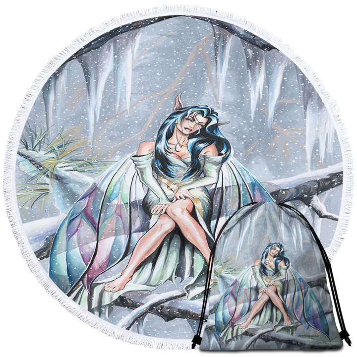 Midwinters Dream Snowy Forest Fairy Round Beach Towel