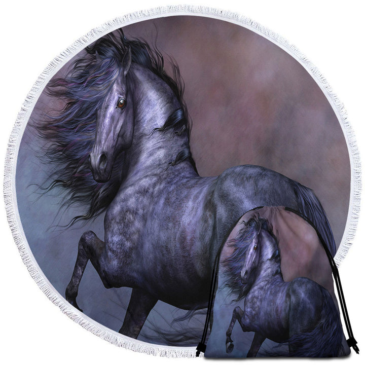 Mythos the Handsome Black Horse Round Beach Towel