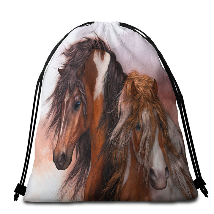 Packable Beach Towel Horses Art Two Brown Pinto Horses