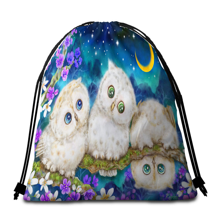 Packable Beach Towel of Wild Birds Art Cute Night Flowers and Owls