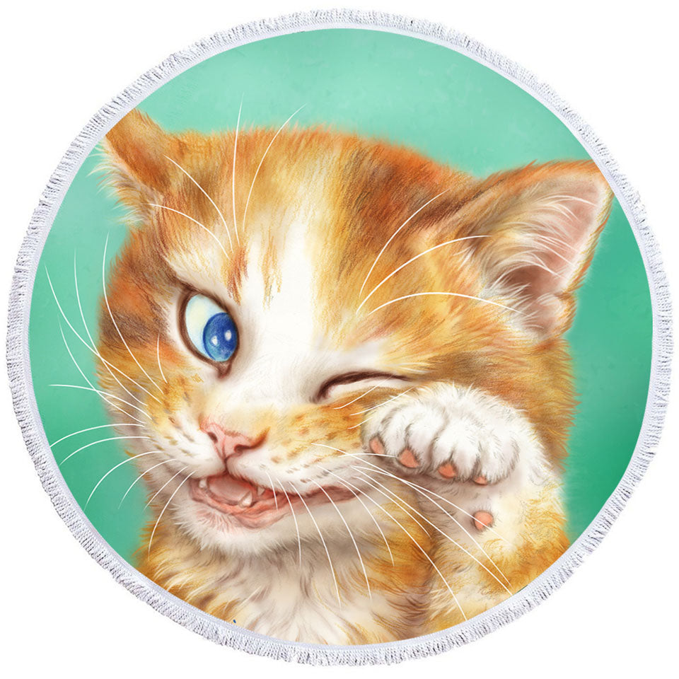 Paintings of Cute Ginger Cat over Green Circle Beach Towel