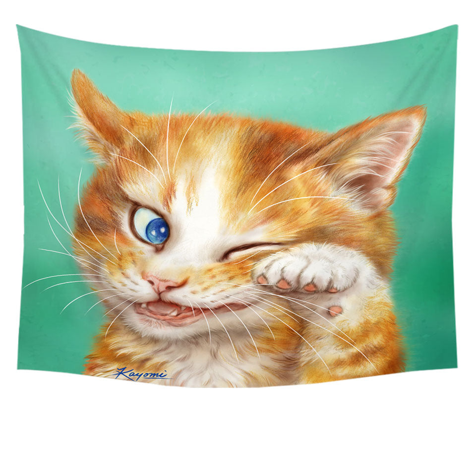 Paintings of Cute Ginger Cat over Green Tapestry