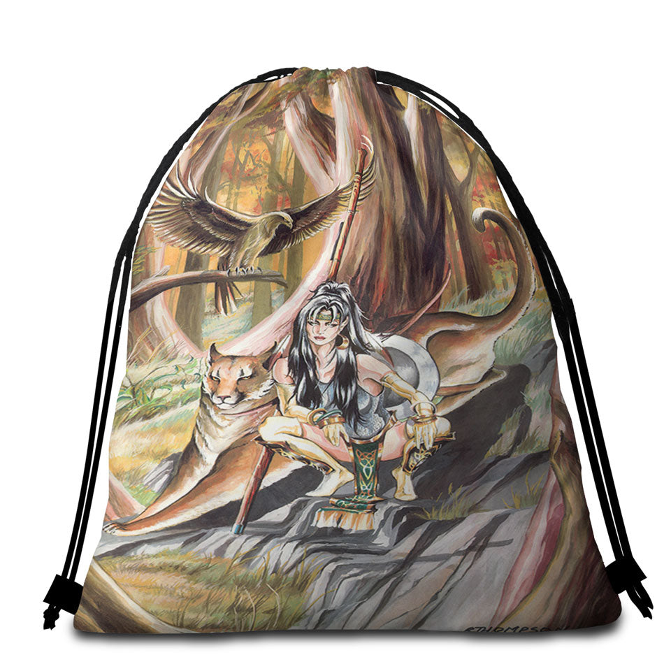 Paths of Autumn Woman Warrior and Puma Beach Towel Bags