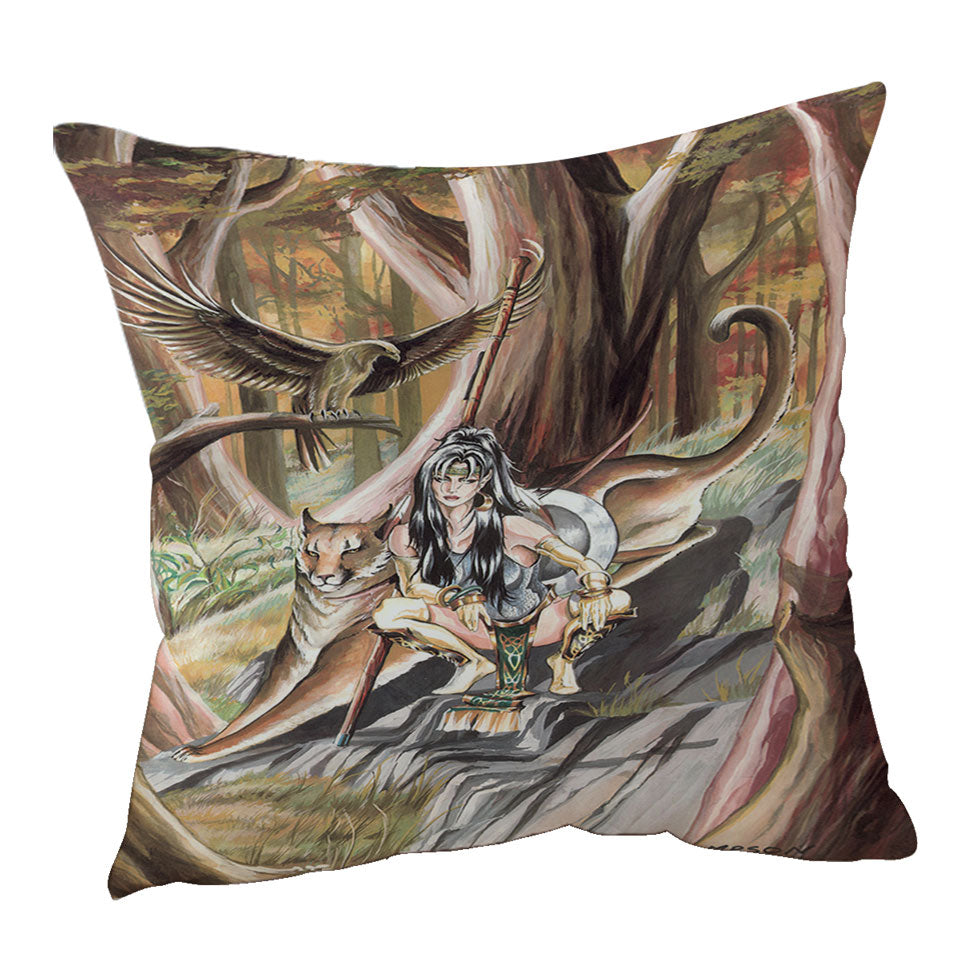 Paths of Autumn Woman Warrior and Puma Cushion Cover