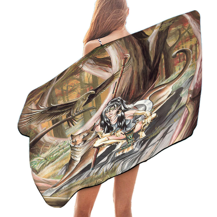 Paths of Autumn Woman Warrior and Puma Pool Towels