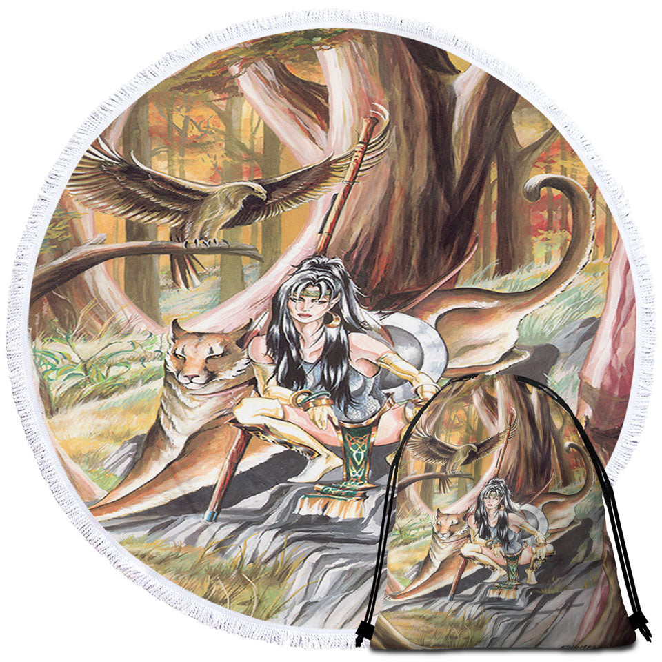 Paths of Autumn Woman Warrior and Puma Round Beach Towel