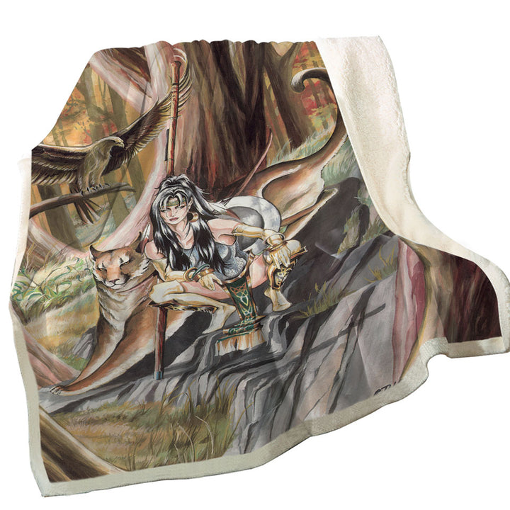 Paths of Autumn Woman Warrior and Puma Sherpa Blanket