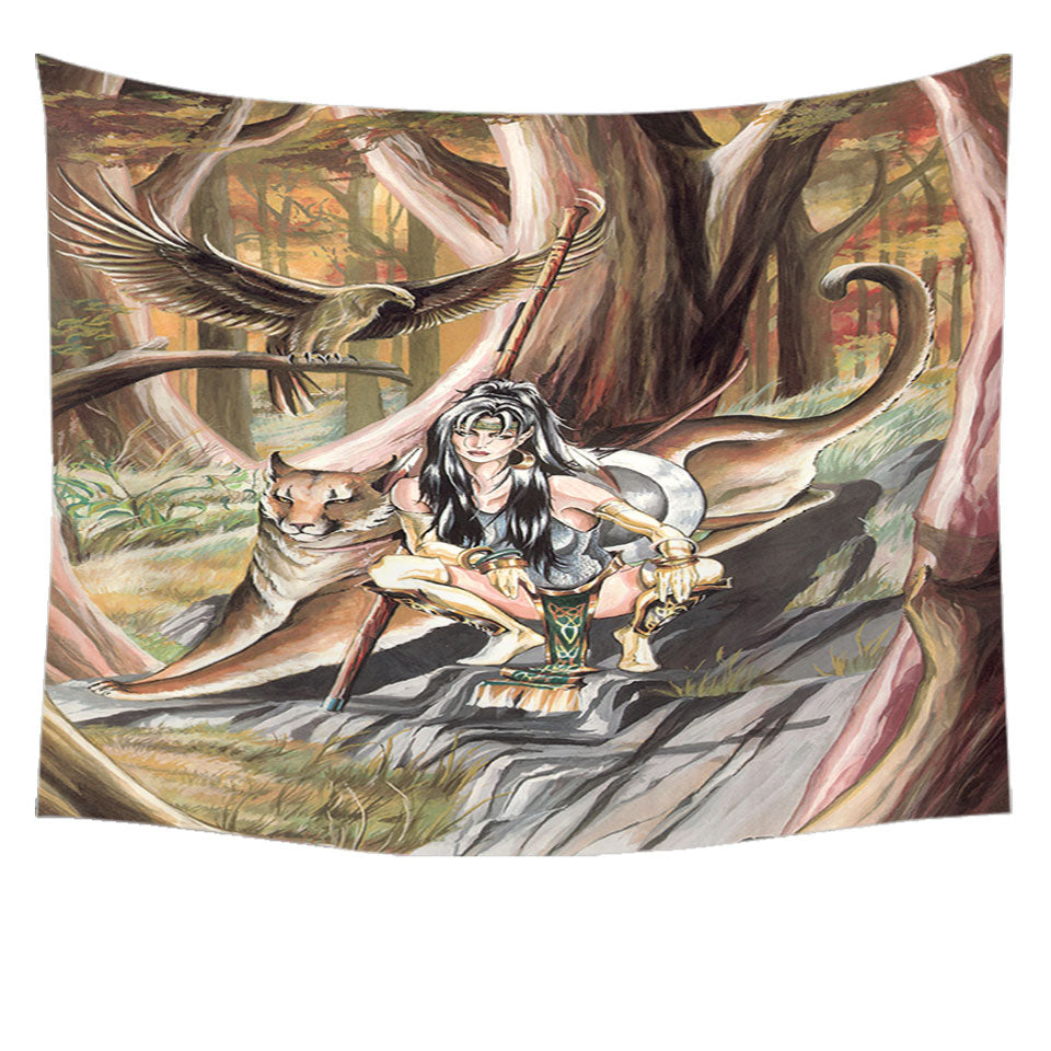 Paths of Autumn Woman Warrior and Puma Tapestry