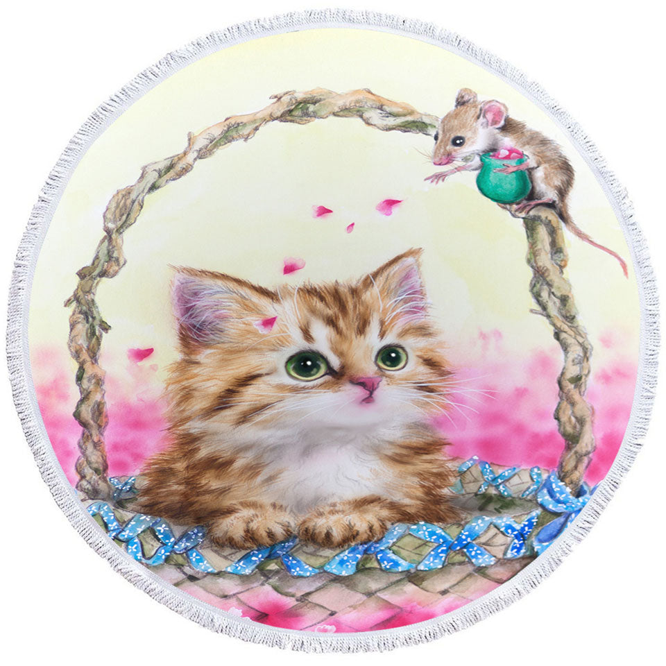 Pink Beach Towels Garden and Ginger Kitty Cat in a Basket