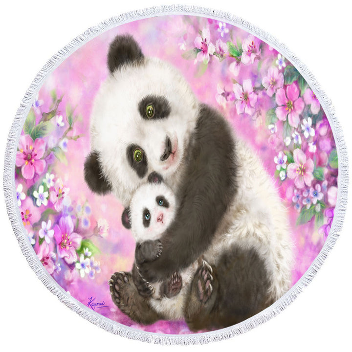 Pinkish Flowers Circle Beach Towel Panda Mom and Baby