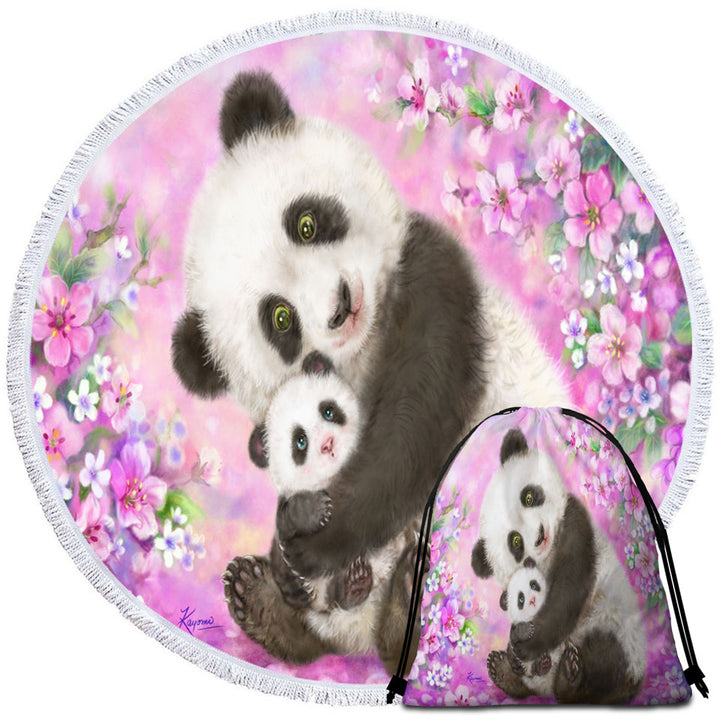 Pinkish Flowers Round Beach Towel Panda Mom and Baby