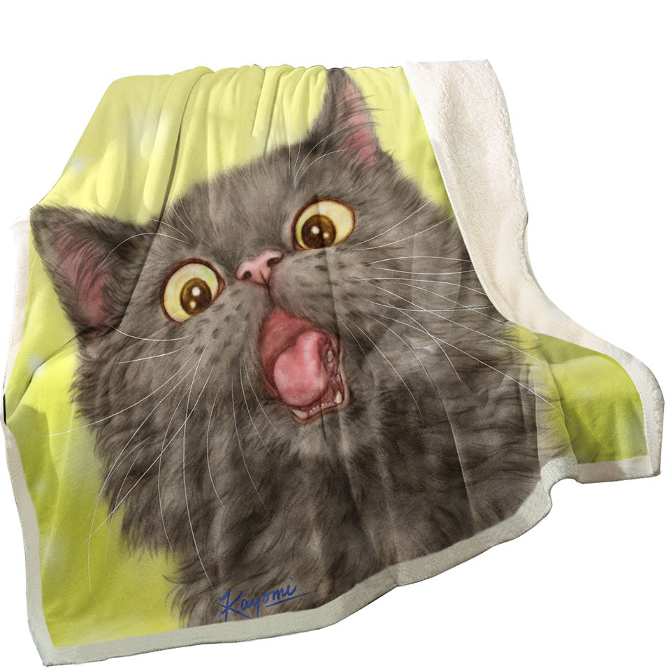 Playful Throw Blanket Black Grey Cat over Yellow