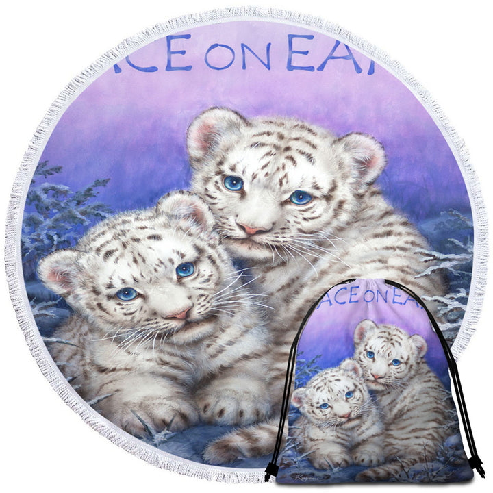 Positive Round Beach Towel Wildlife Animal Art White Tiger Cubs