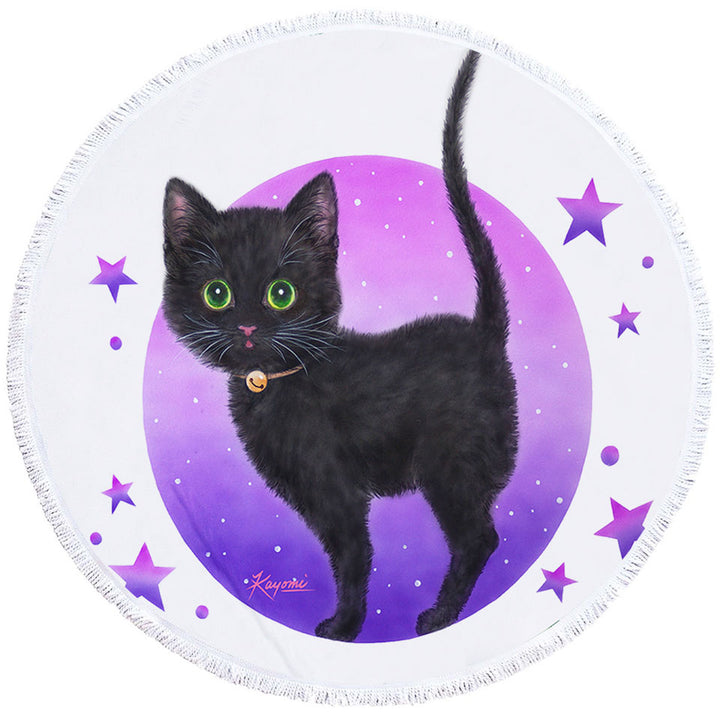 Purple Circle Beach Towel Stars Full Moon and Black Kitty Cat