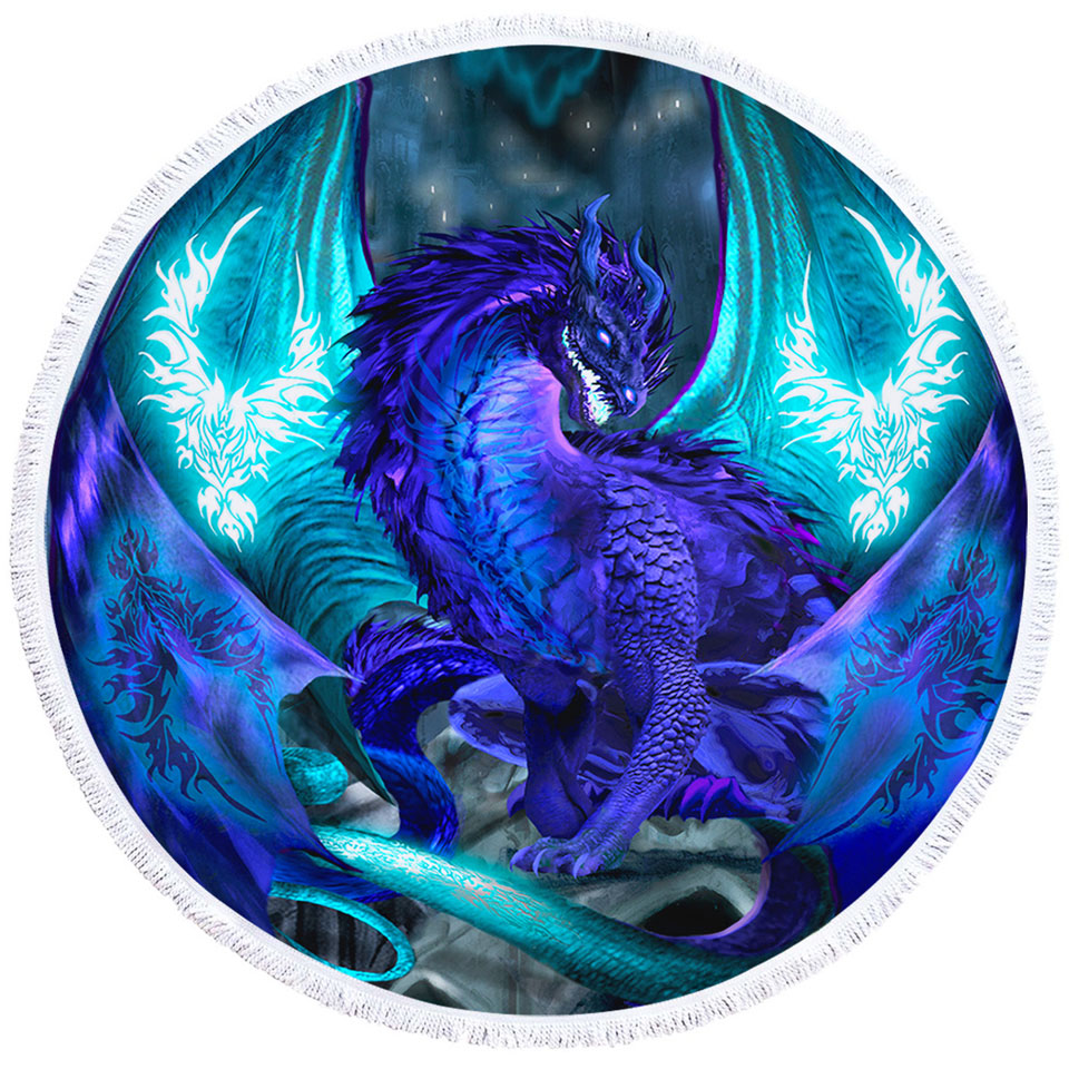 Purple Round Beach Towels with Dragon of Fate Fantasy Creatures