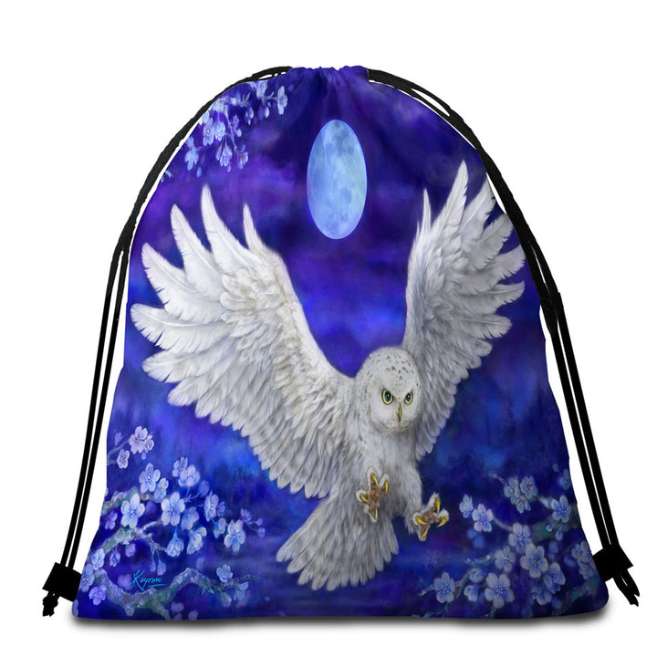 Purple Skies Moon Flowers and White Owl Beach Towel Bags