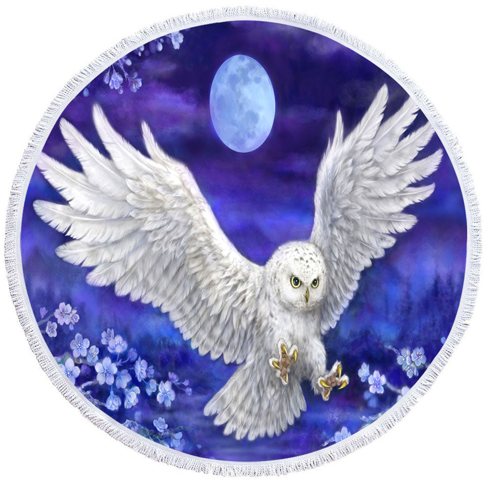 Purple Skies Moon Flowers and White Owl Round Beach Towel