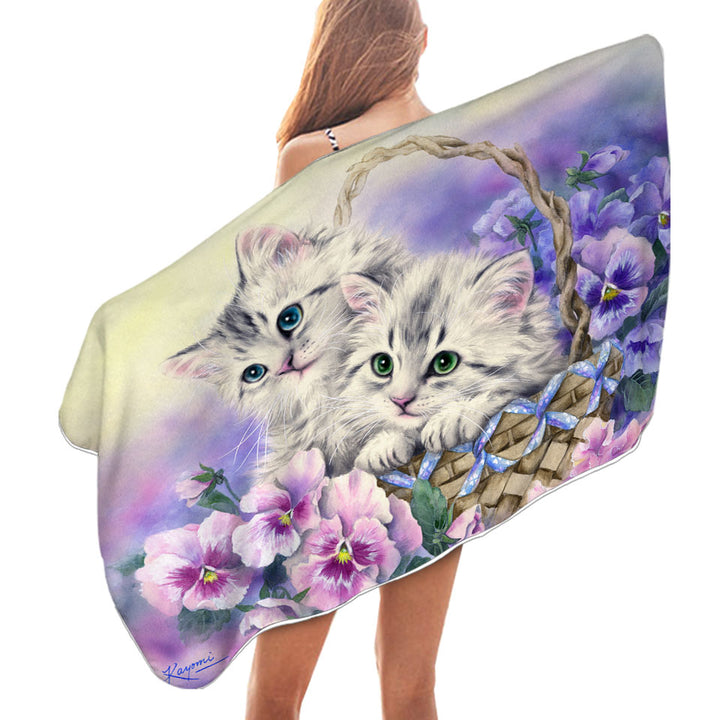 Purple Violet Beach Towels with Flowers Sweet Spring Basket Kittens