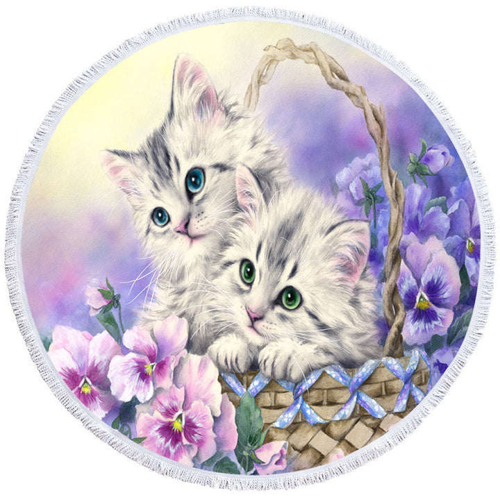 Purple Violet Round Beach Towel with Flowers Sweet Spring Basket Kittens